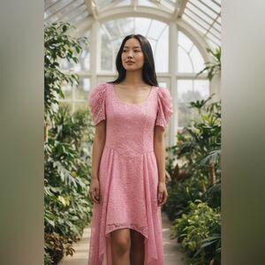 Dance Allure vintage formal dress 80s pink high-low lace puff sleeves drop waist